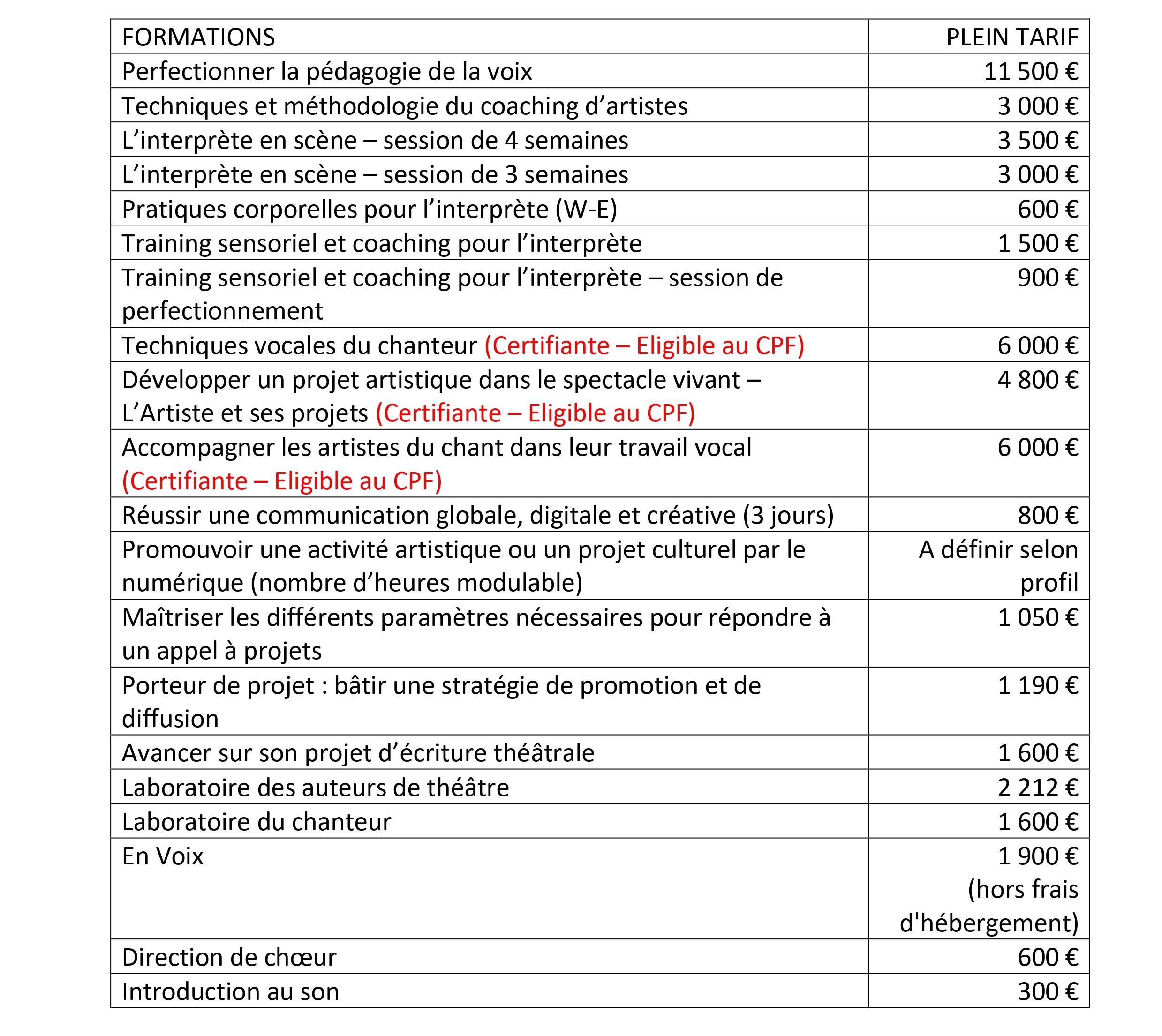 TARIFS 2023